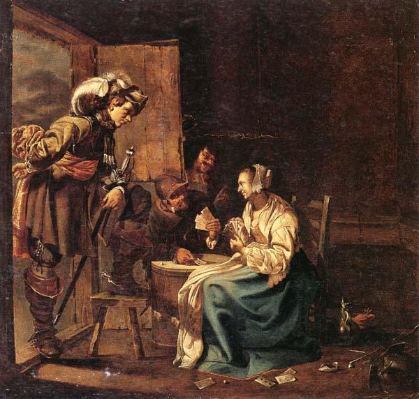 Jacob Duck Interior with soldiers and a woman playing cards,an officer watching from a doorway Sweden oil painting art